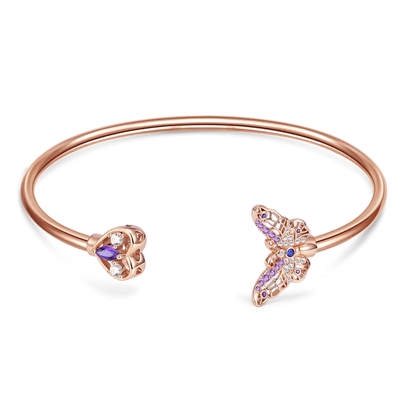 Bracciale Rigido Aperto Farfalla & Cuore Marina in Ottone Placcato Oro Roso con Pietre