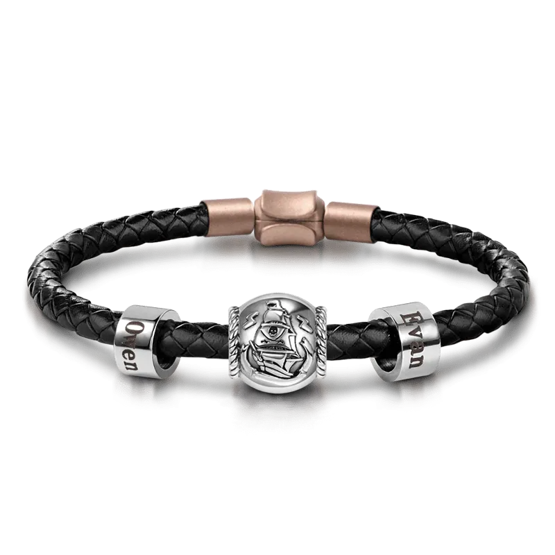 Charm Nave Pirata & Due Charm Personalizzi con Bracciale di Pelle per Uomo
