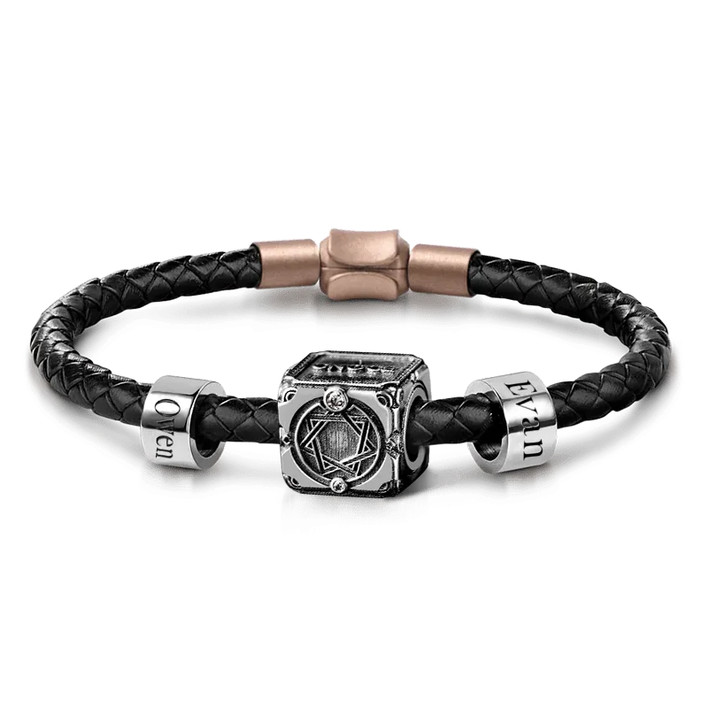 Charm Angelo Della Vittoria & Due Charm Personalizzi Con Bracciale Di Pelle Per Uomo