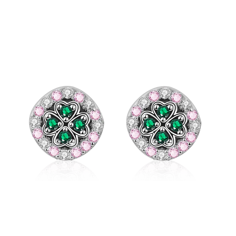 Orecchini Trifoglio Fortunato Intarsiato Color Smeraldo E Rosa