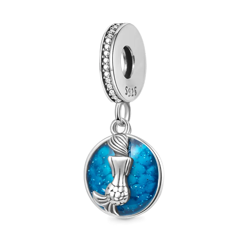Charm Ciondolo Sirena E Mare In Argento Sterling 925 Con Smalti Blu Glitterati