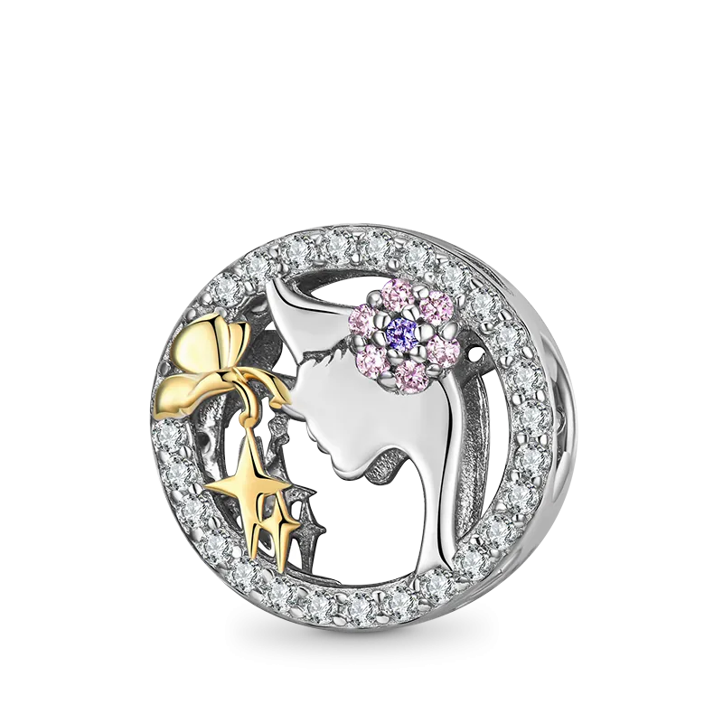 Charm Ragazza Elegante In Argento Sterling 925 Intarsiato Con Pietre Preziose