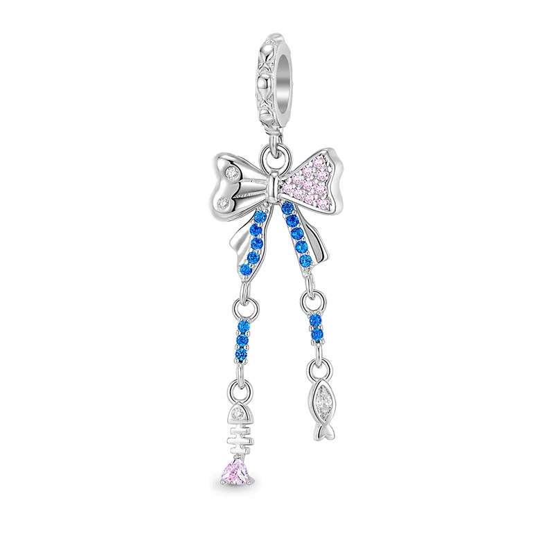 Charm Ciondolo Fiocco In Argento Sterling 925 Intarsiato Con Pietre Cz Rosa E Blu