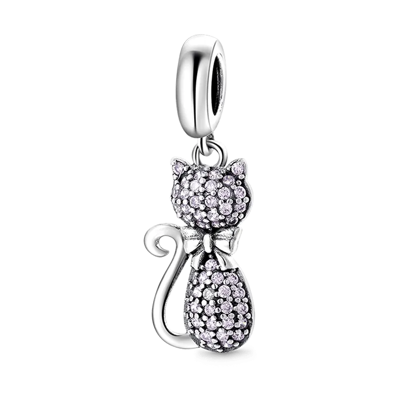 Charm Ciondolo Gatto Carino In Argento Sterling 925 Inalid Con Pietre Cz Rosa