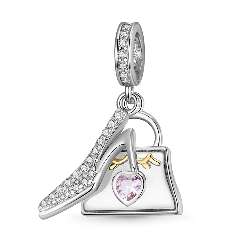 Charm Ciondolo Borsa Tote & Tacco Alto In Argento Sterling 925 Intarsiato Con Pietre Cz Trasparenti