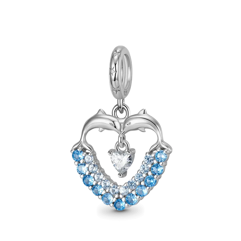 Charm Ciondolo Delfino Cuore Amore In Argento Sterling 925 Intarsiato Con Pietre Cz Blu