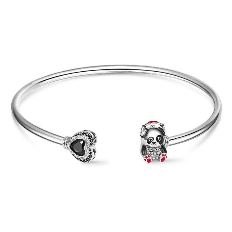 Bracciale Rigido Aperto Con Panda & Cuore In Ottone