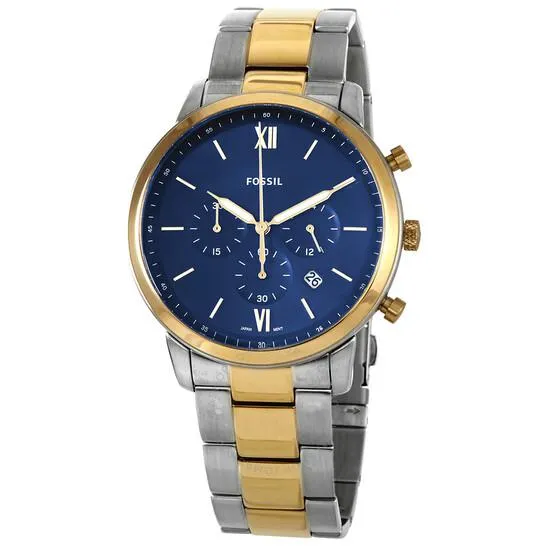 Orologio Uomo FOSSIL NEUTRA FS5706 Chrono Bracciale Acciaio Gold Dorato Blu NEW