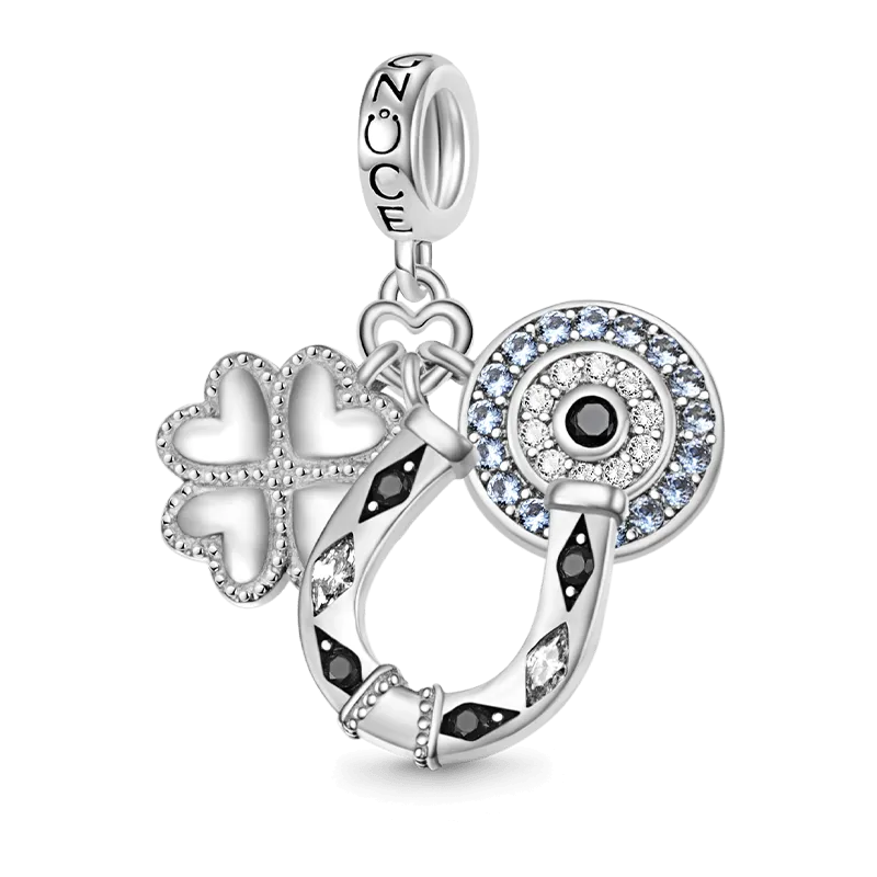 Gnoce Ciondolo Triplo Fortunato Ferro di Cavallo, Quadrifoglio & Occhio del Diavolo