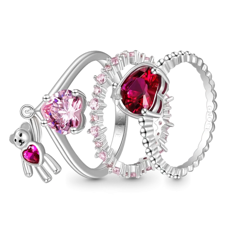 Gnoce Set di Anelli Impilabili Triplo Rosa Abbraccio dell'Orso