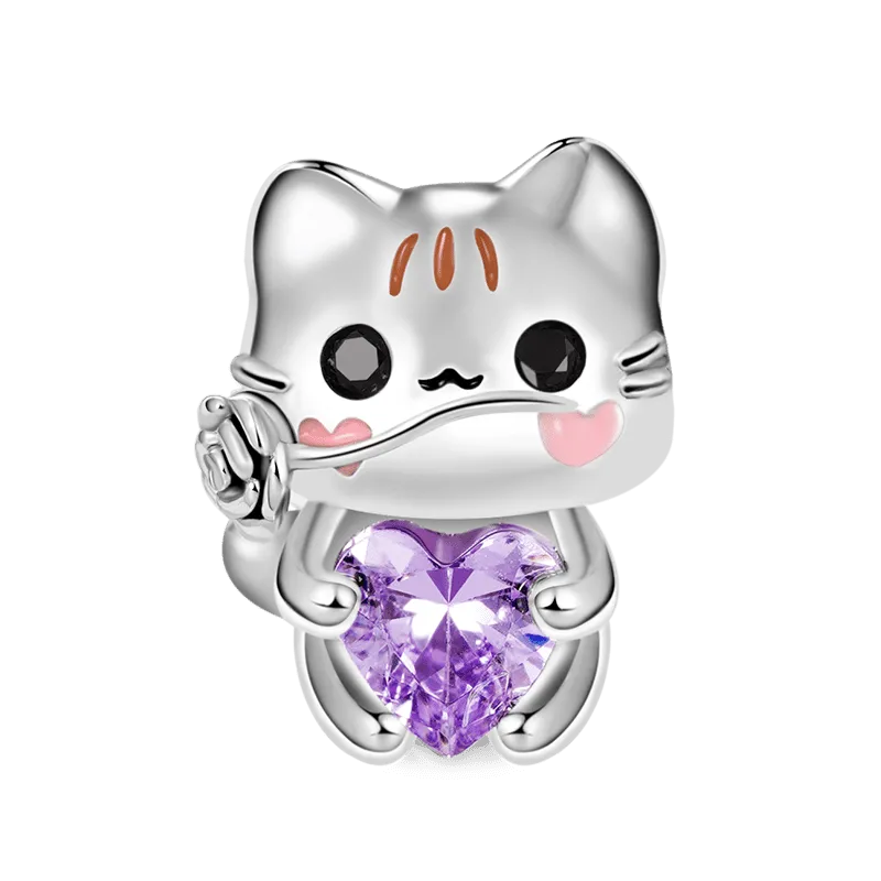 Charm Gatto E Rosa Abbraccia la Pietra Cuore