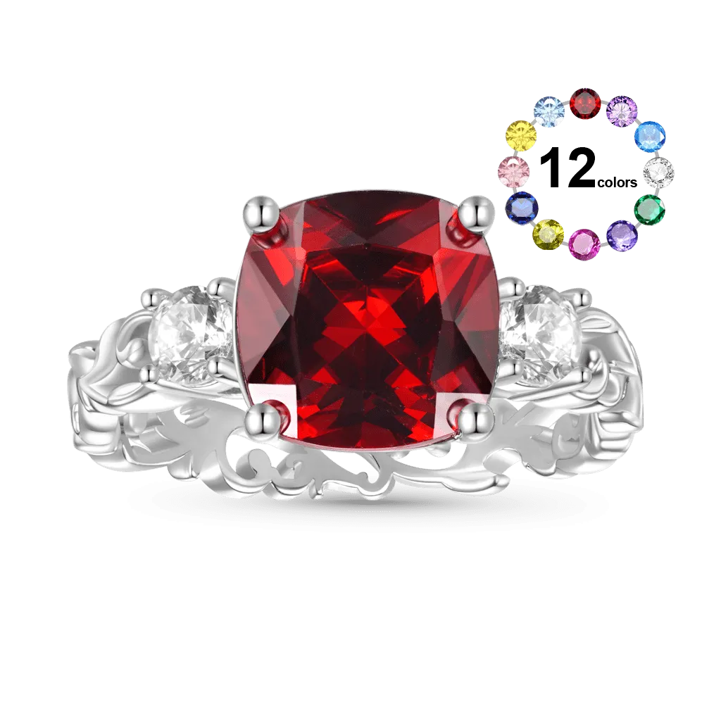 Gnoce Anello con Pietra Portafortuna Rossa a Taglio Quadrato con Motivo a Erba Riccia