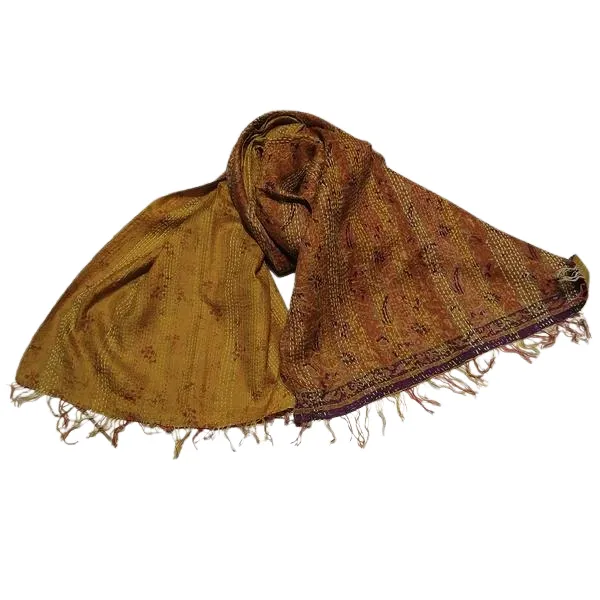 Sciarpa KANTHA con tessuti vintage misto seta ricamo a mano gialla