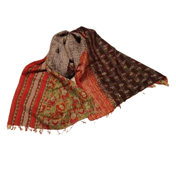 Sciarpa KANTHA con tessuti vintage misto seta ricamo a mano rosso - nero - grigio