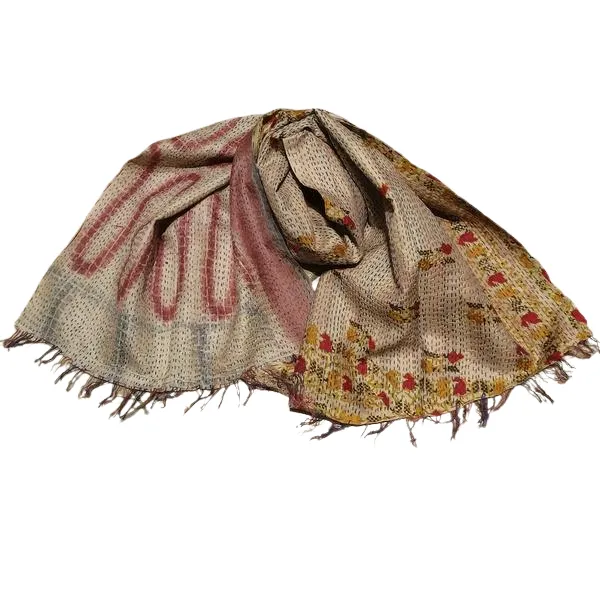 Sciarpa KANTHA con tessuti vintage misto seta ricamo a mano beige