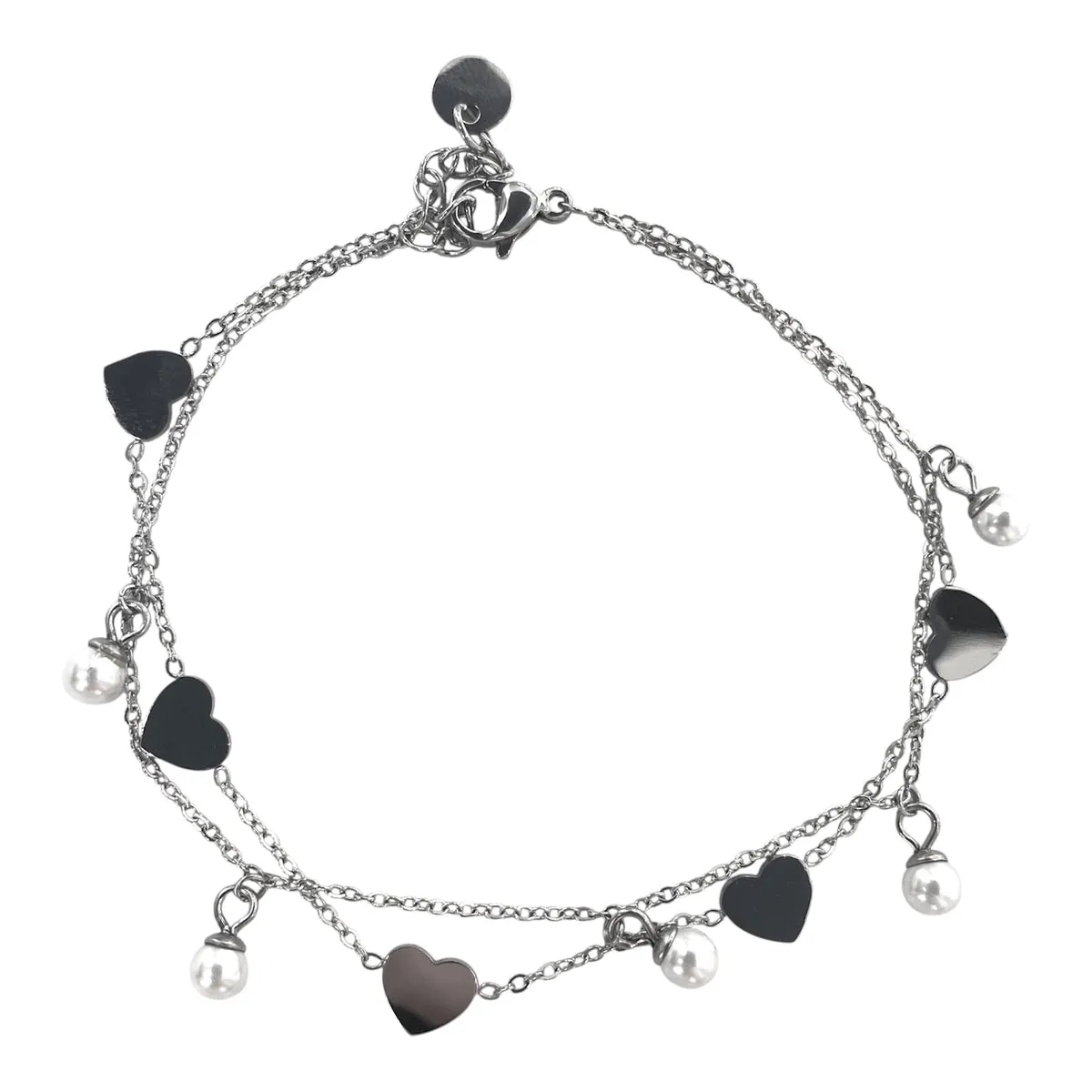 BRACCIALE DOPPIO, CUORI E PERLE PENDENTI