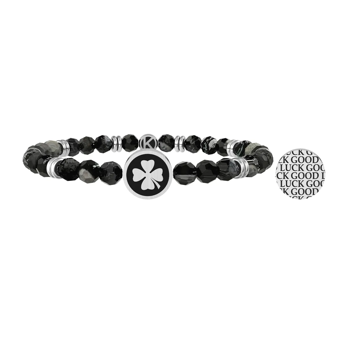 Bracciale Elastico Uomo Kidult Symbols Good Luck con Agata Nera E Quadrifoglio