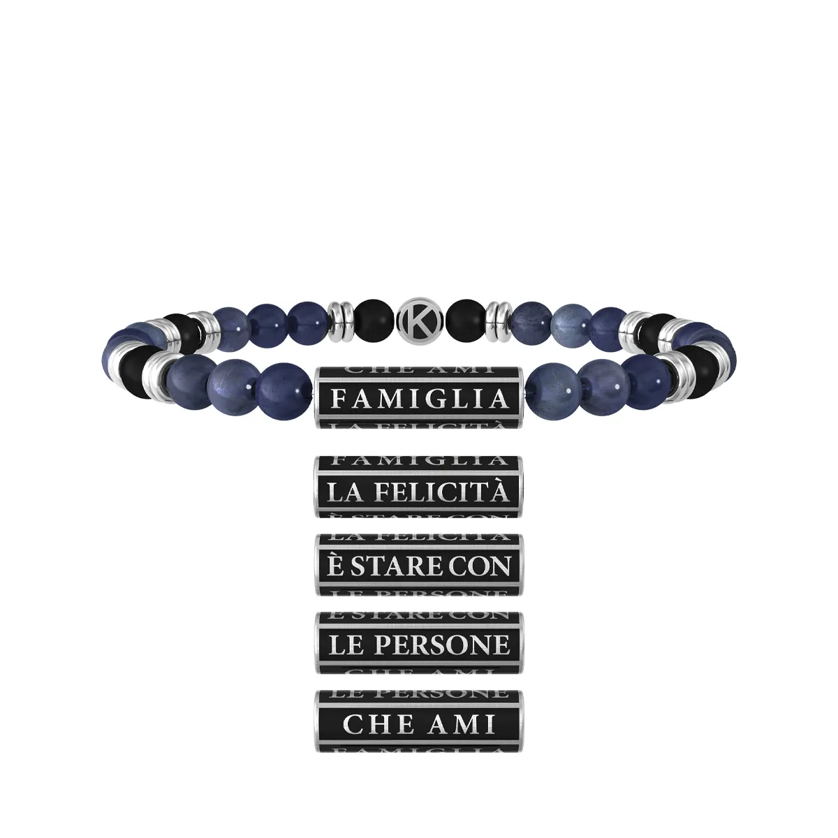 Bracciale Uomo Kidult Family La Felicita' E' Stare con le Persone Che Ami con Agata Nera e Dumortierite Blu