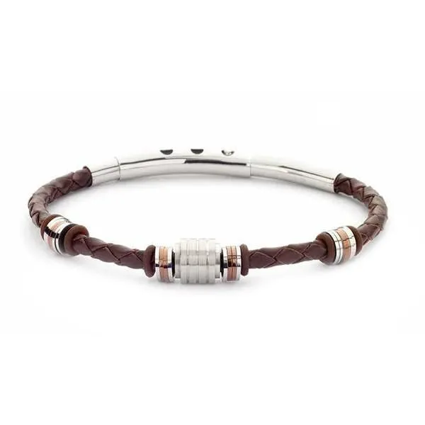 Bracciale uomo in cuoio marrone e acciaio