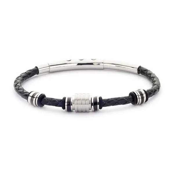 Bracciale uomo in cuoio nero e acciaio