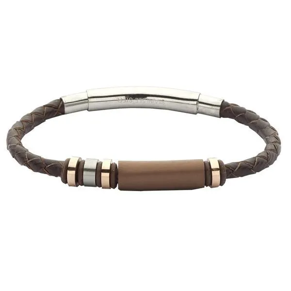 Bracciale uomo in cuoio marrone, acciaio e lastra in Pvd