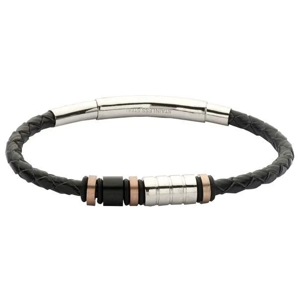 Bracciale uomo in cuoio nero, acciaio bianco, nero e placcato oro rosa