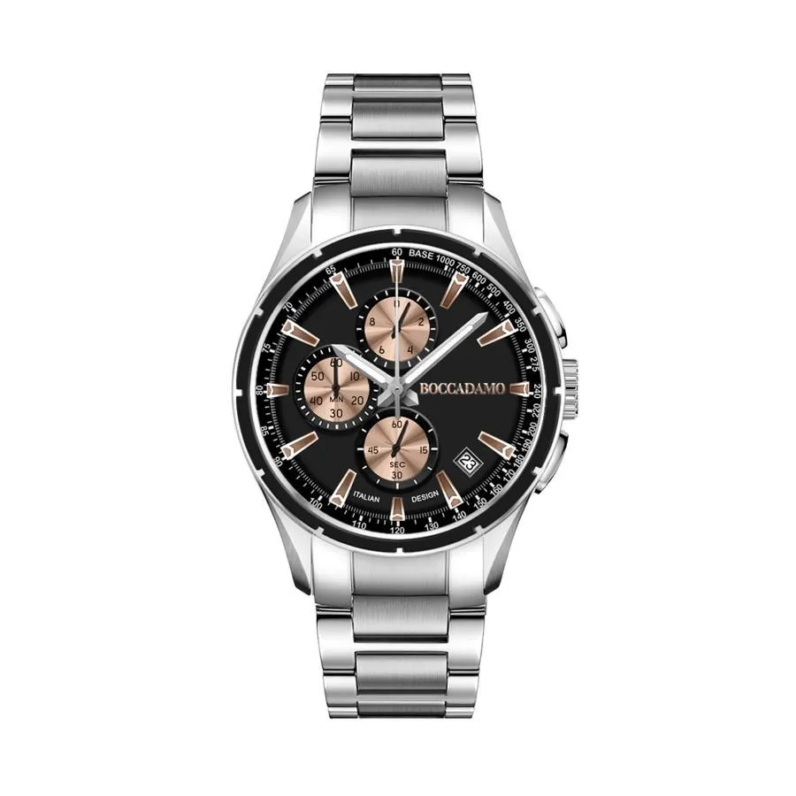 Cronografo in acciaio con quadrante nero e contatori rosati