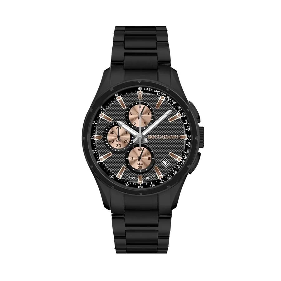 Cronografo in acciaio black con quadrante nero e contatori rosati