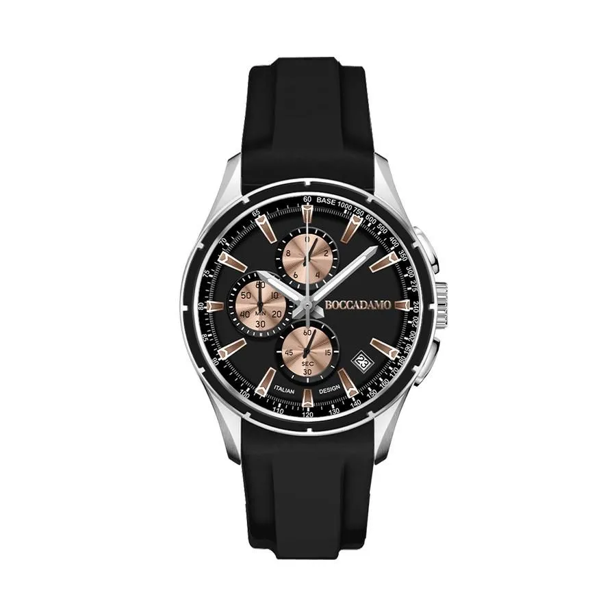 Cronografo in silicone nero con quadrante nero e ardiglione in acciaio