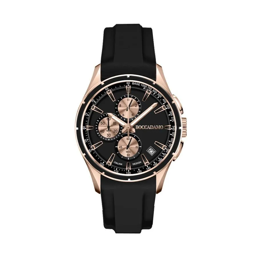 Cronografo in silicone black con quadrante black e contatori rosati ed ardiglione in acciaio