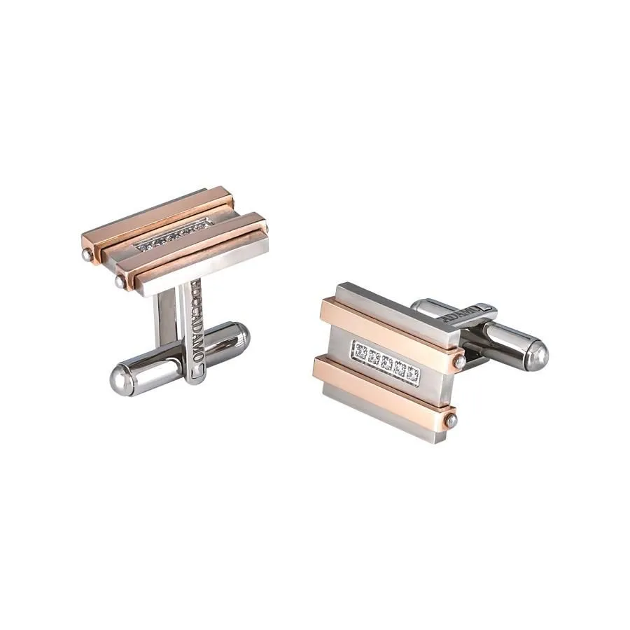 Gemelli in acciaio con rifiniture rosate e zirconi