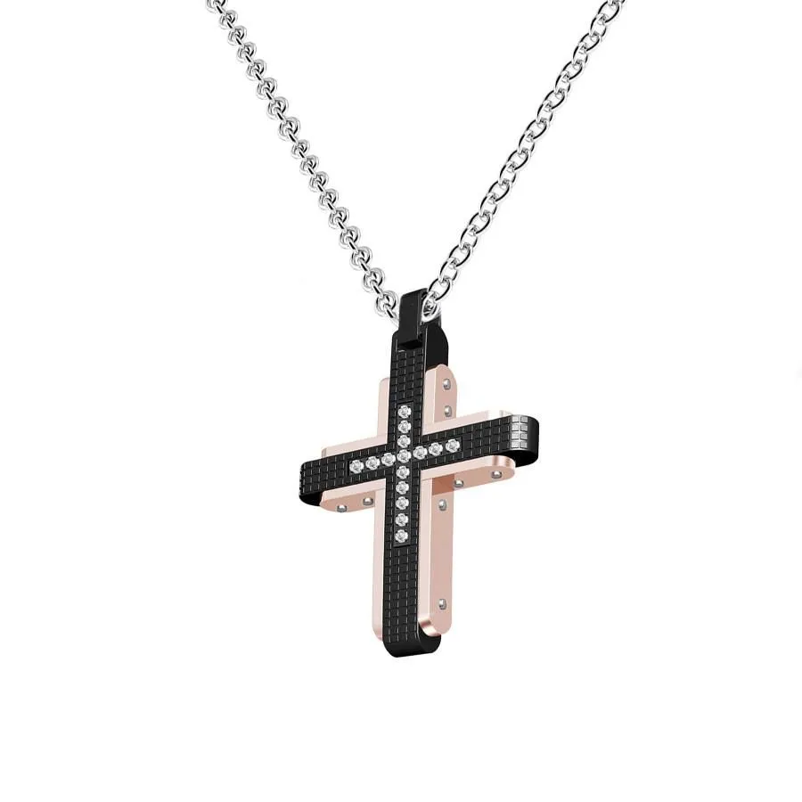 Collana in acciaio con crocefisso rosato, zirconi e Pvd nero