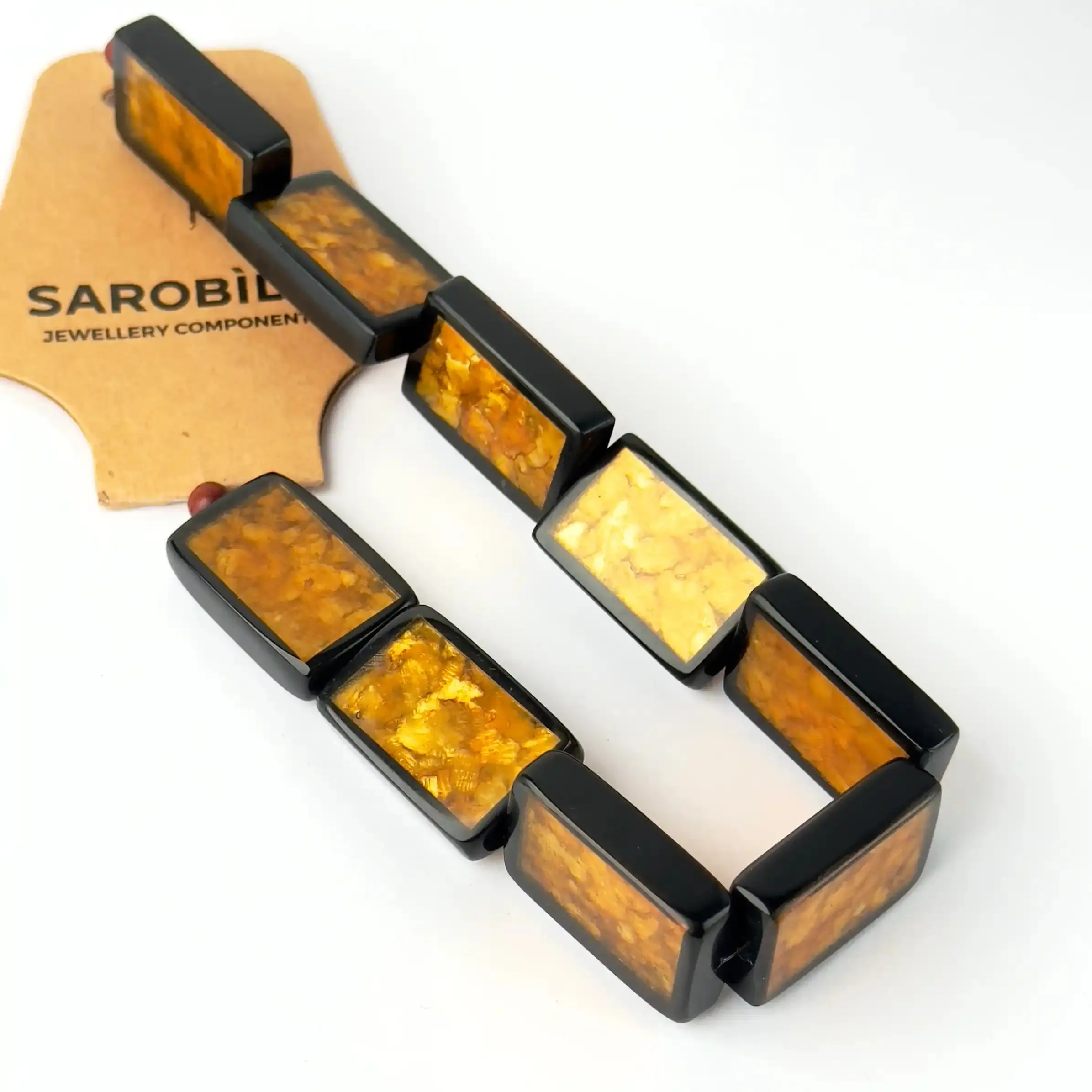 Perle in Resina Rettangolo Giallo con Inserti in Madreperla - 27 x 18 mm