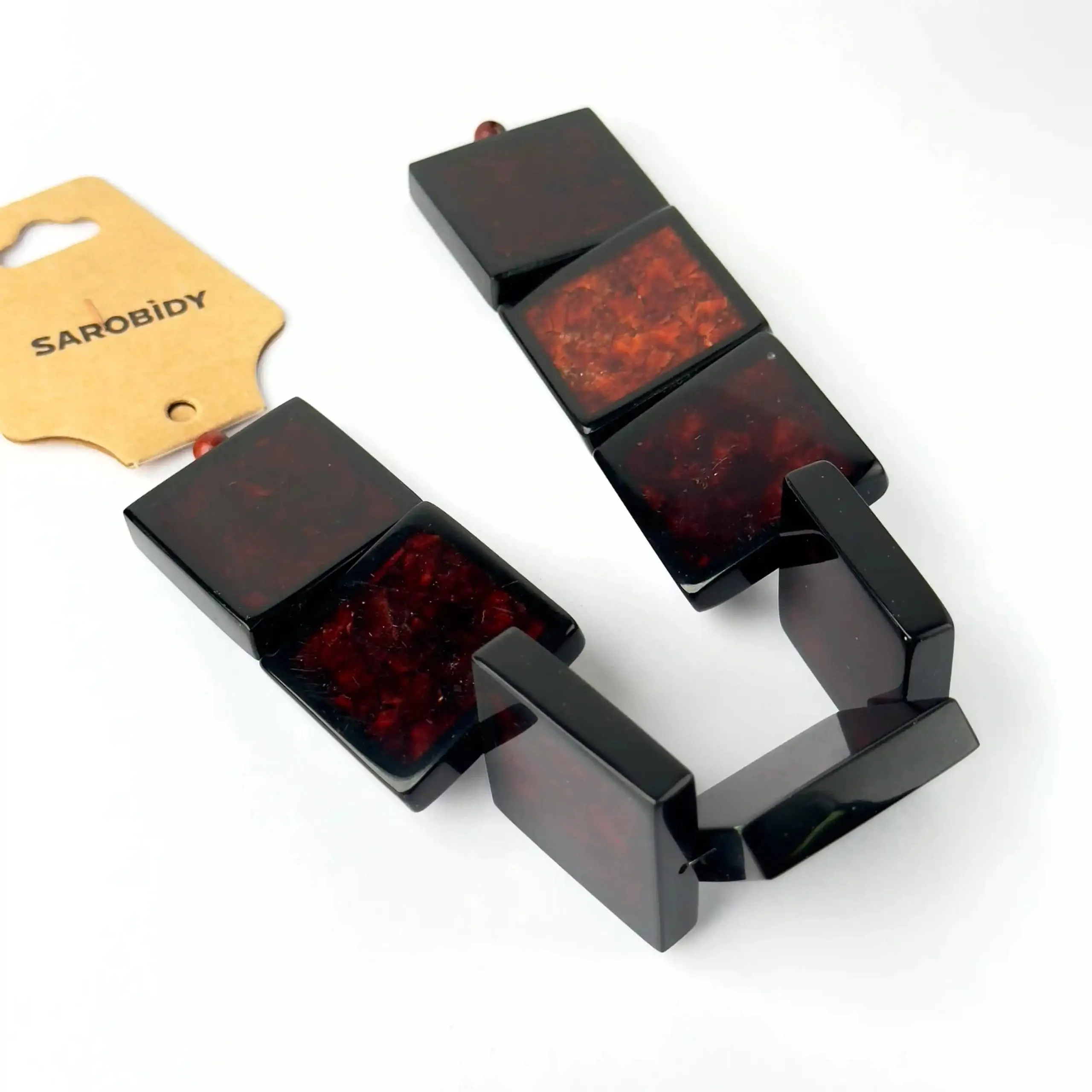 Perle in Resina Quadrato Rosso Scuro con Inserti in Madreperla - 30 mm