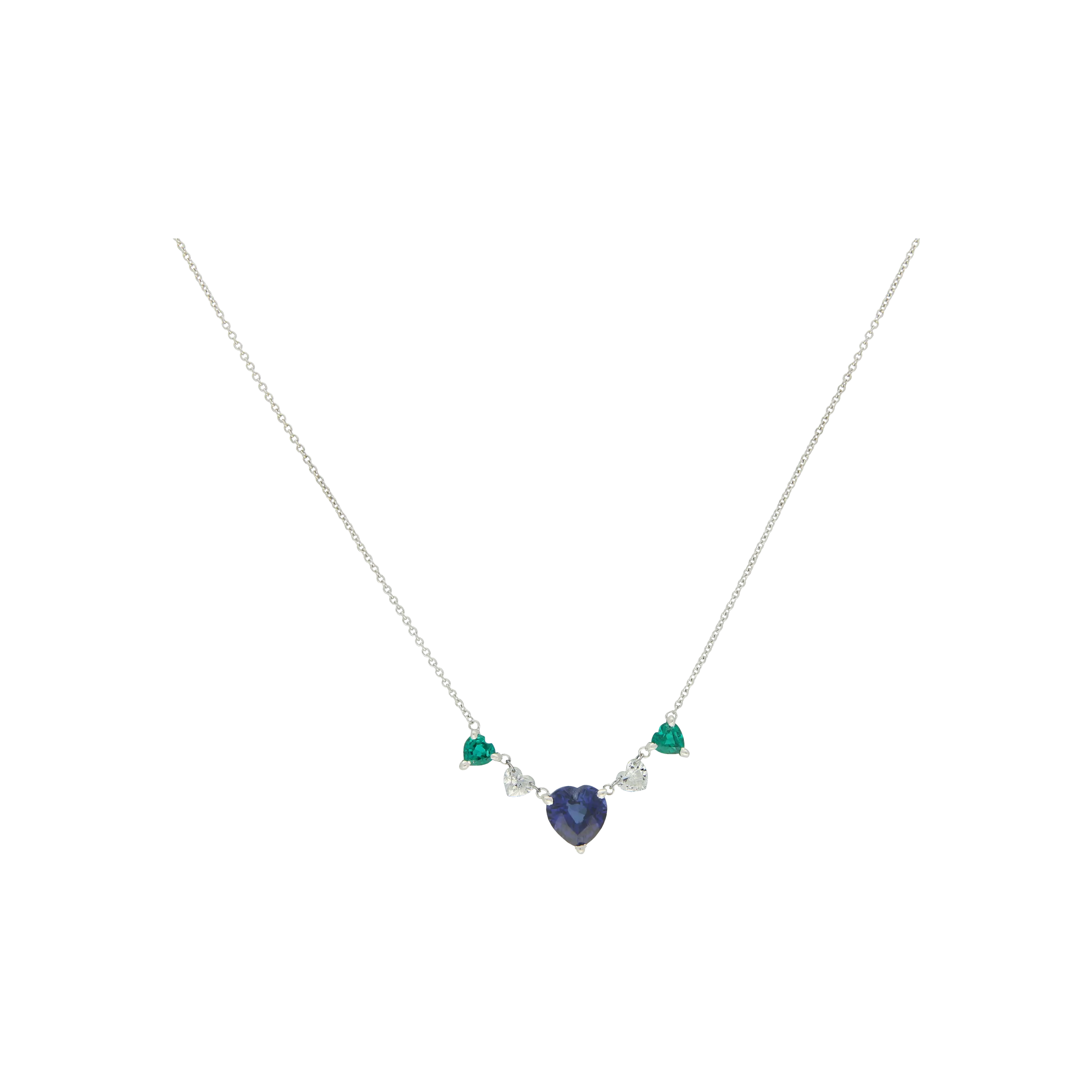 COLLANA IN ORO BIANCO CON CUORI DI DIAMANTI, SMERALDI E ZAFFIRO CENTRALE - C069/3/-CA