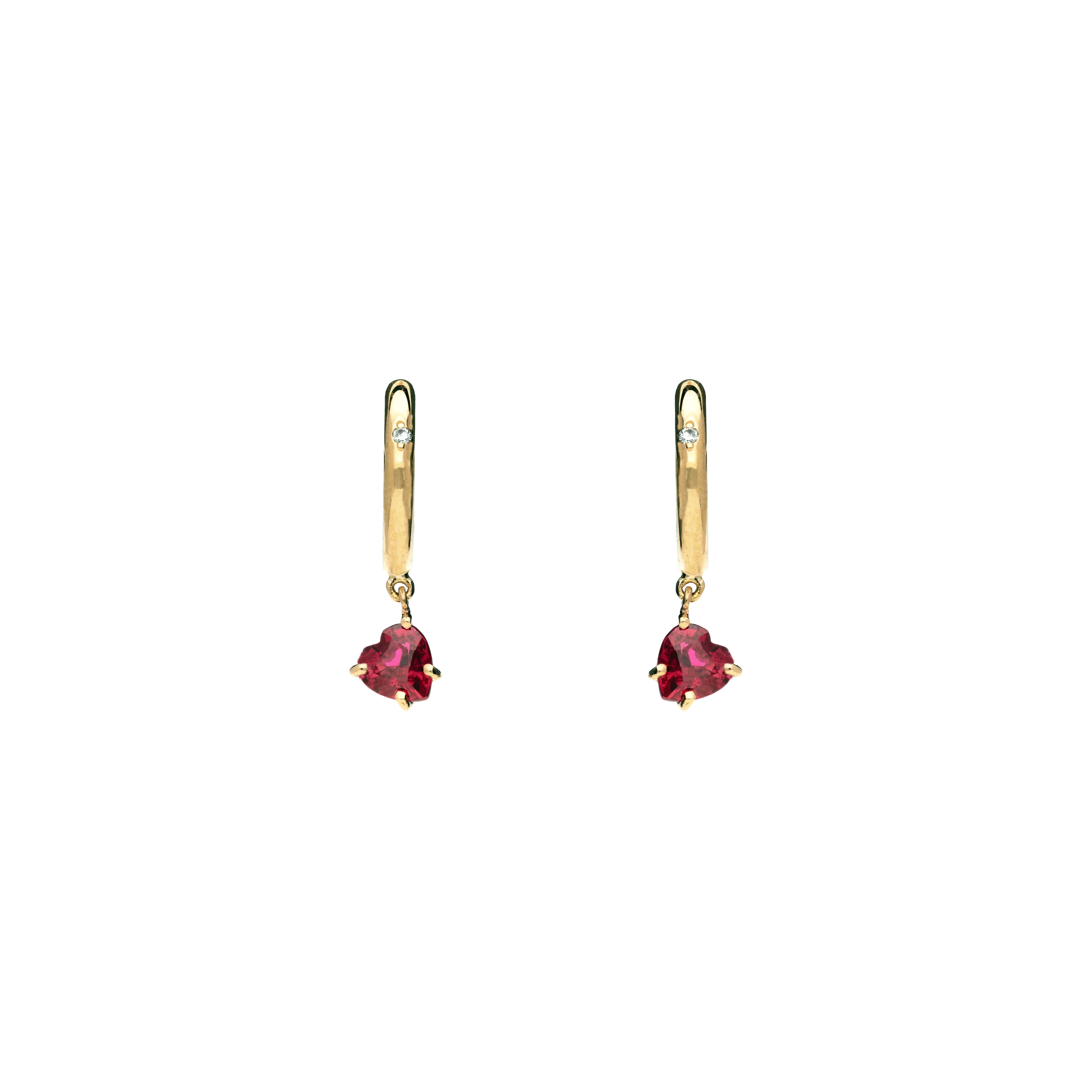 ORECCHINI A CERCHIO IN ORO ROSA CON PENDENTI CUORE IN RUBINO E DIAMANTI BIANCHI - O335/20/1-RB