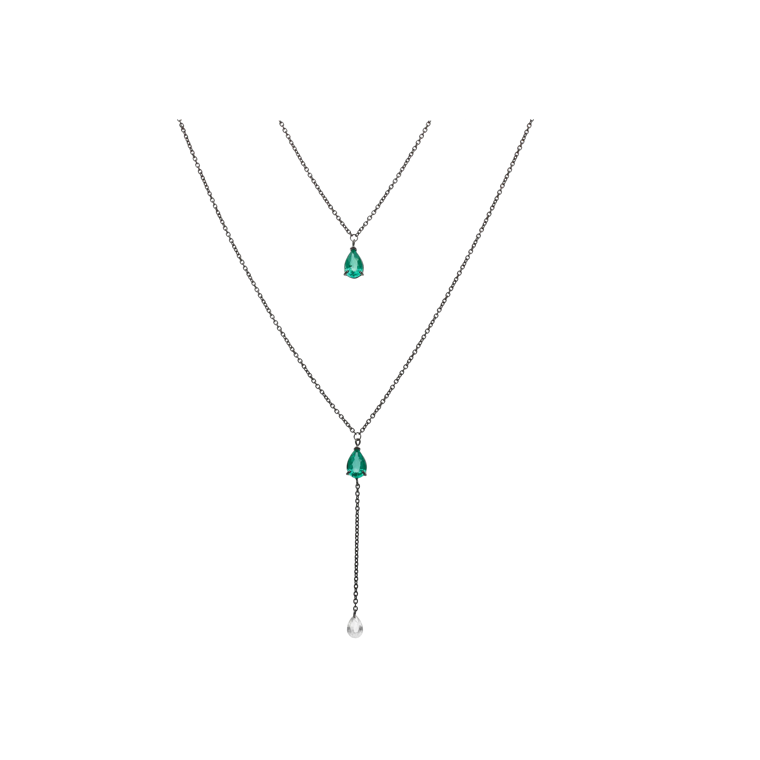 COLLANA A DOPPIO FILO IN ORO NERO CON SMERALDI E DIAMANTE PENDENTI - C069/20-SM