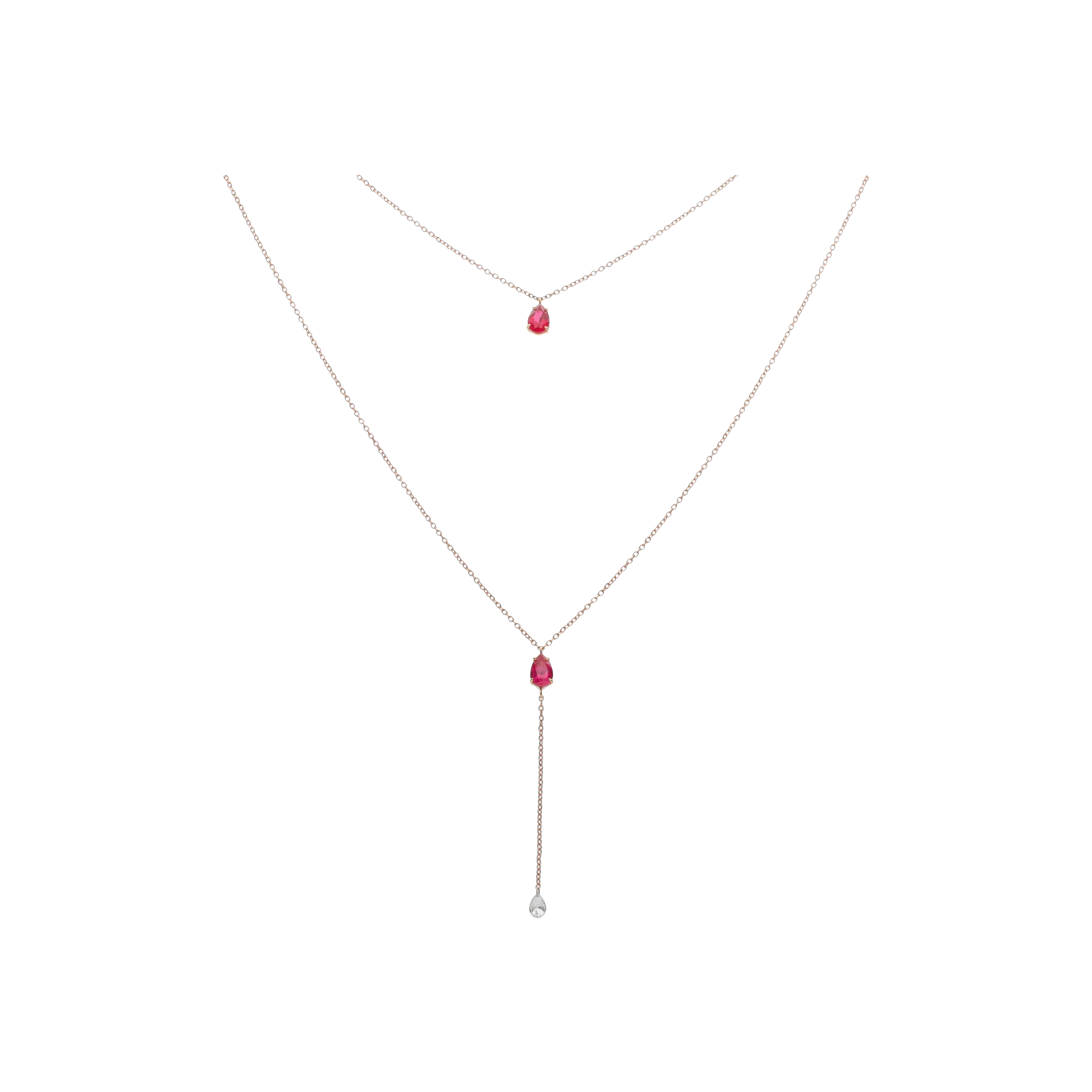 COLLANA A DOPPIO FILO IN ORO ROSA CON RUBINI E DIAMANTE PENDENTE - C069/20-RB