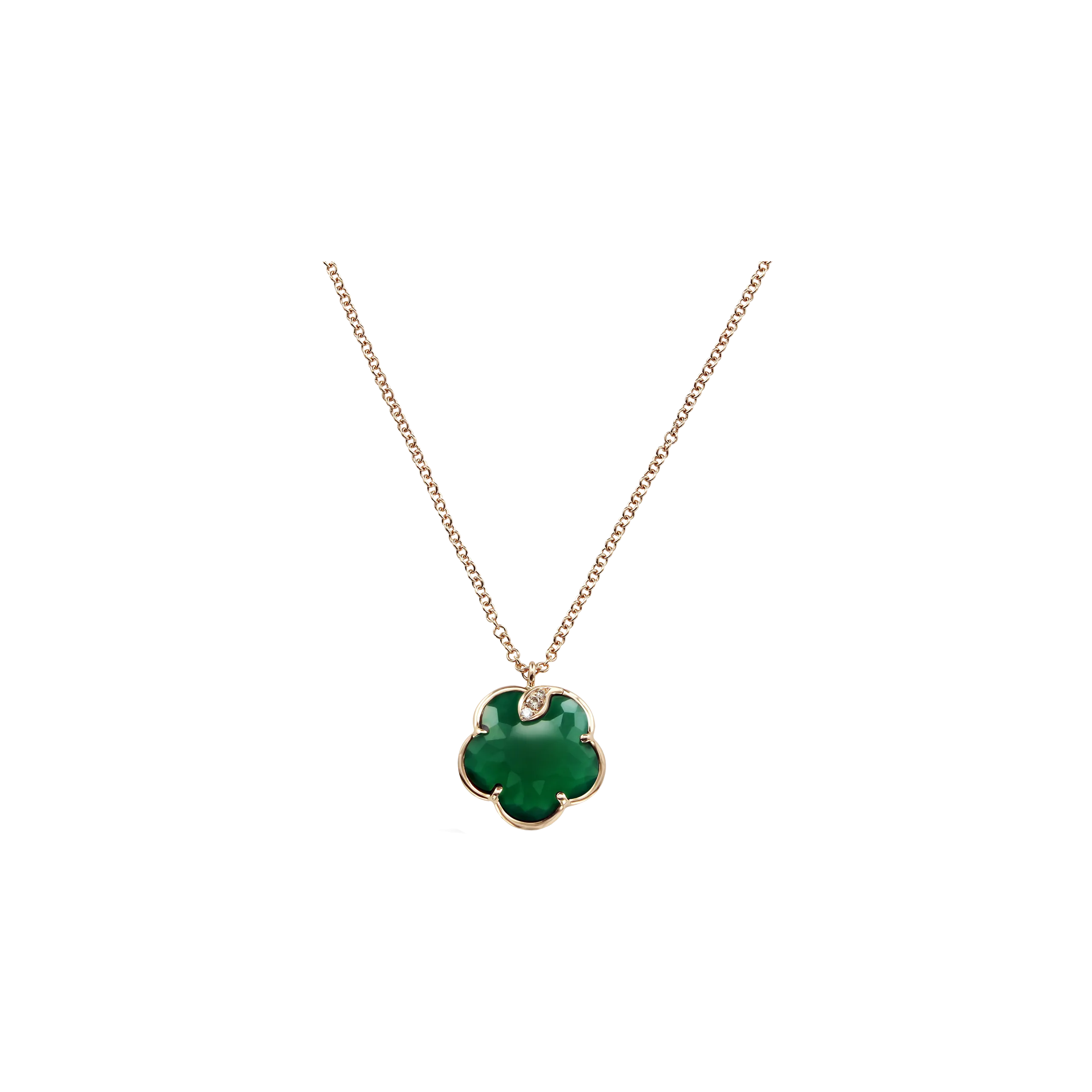 GIROCOLLO PETIT JOLI IN ORO ROSA CON FIORE IN AGATA VERDE, DIAMANTI BIANCHI E DIAMANTI CHAMPAGNE - 16138R - 16138R
