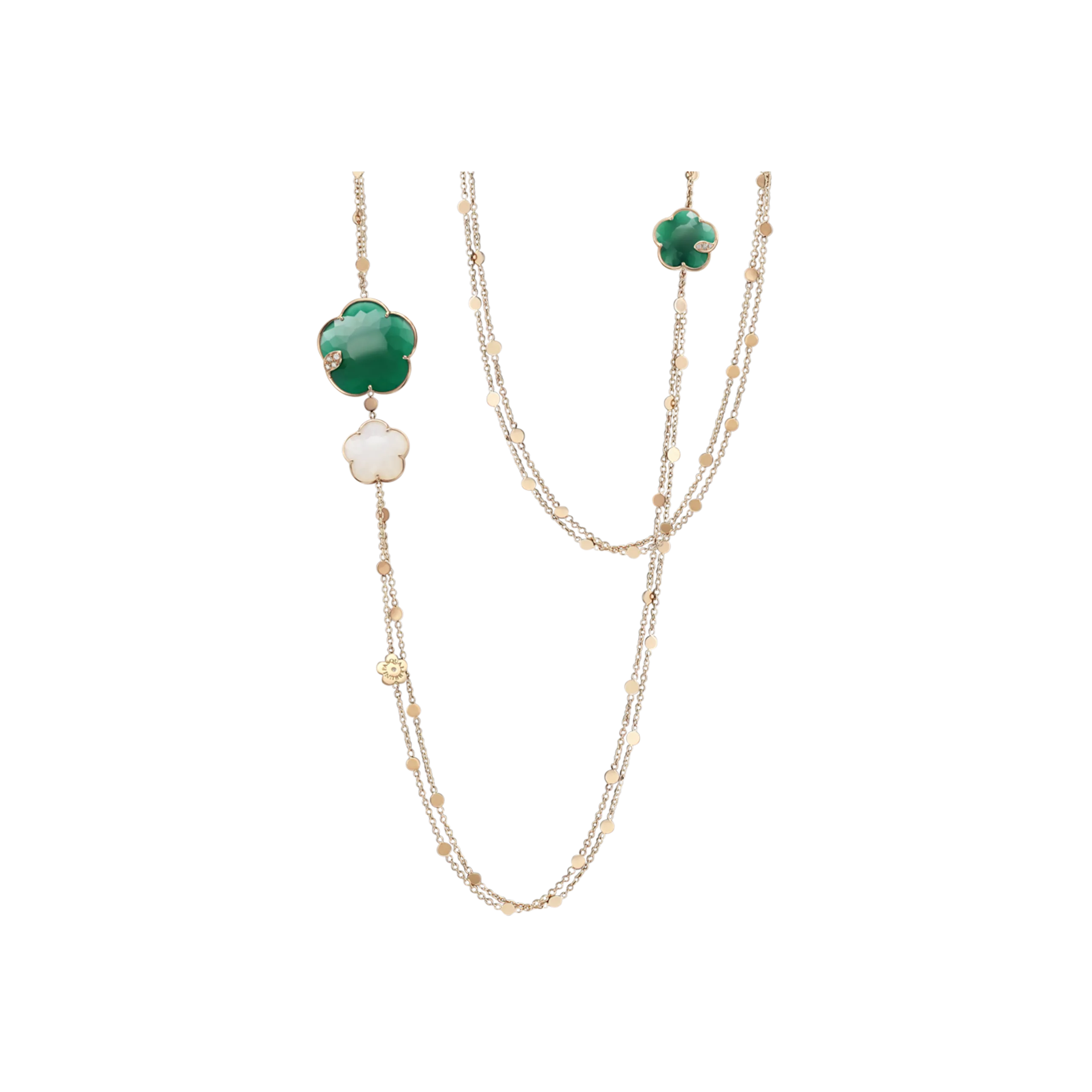 SAUTOIR TON  JOLI IN ORO ROSA CON FIORE IN AGATA VERDE E AGATA BIANCA , DIAMANTI BIANCHI - 16128R - 16128R