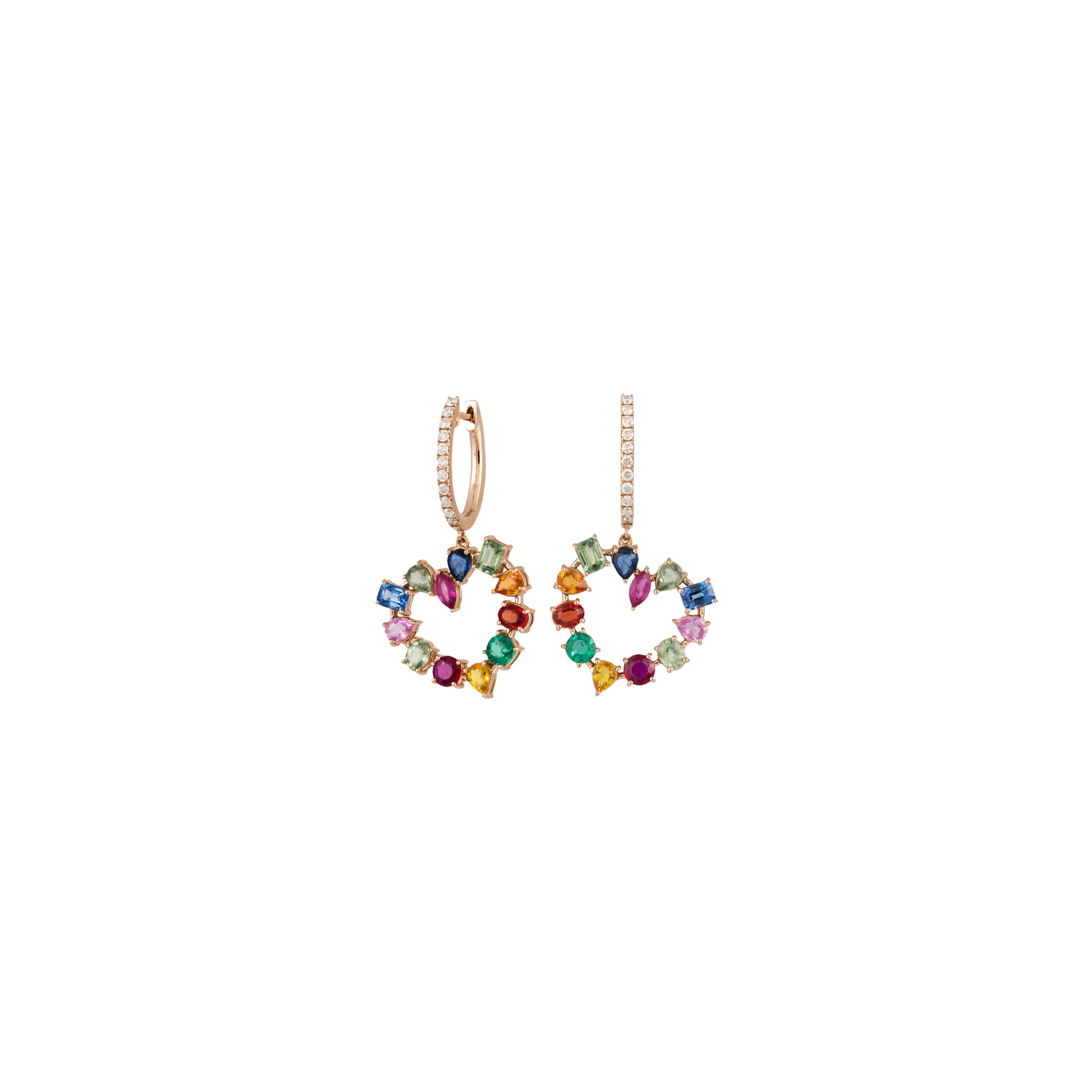 ORECCHINI  RAINBOW CON CUORE PENDENTE IN ORO ROSA CON DIAMANTI E ZAFFIRI MULTICOLOR - KE1355/MS