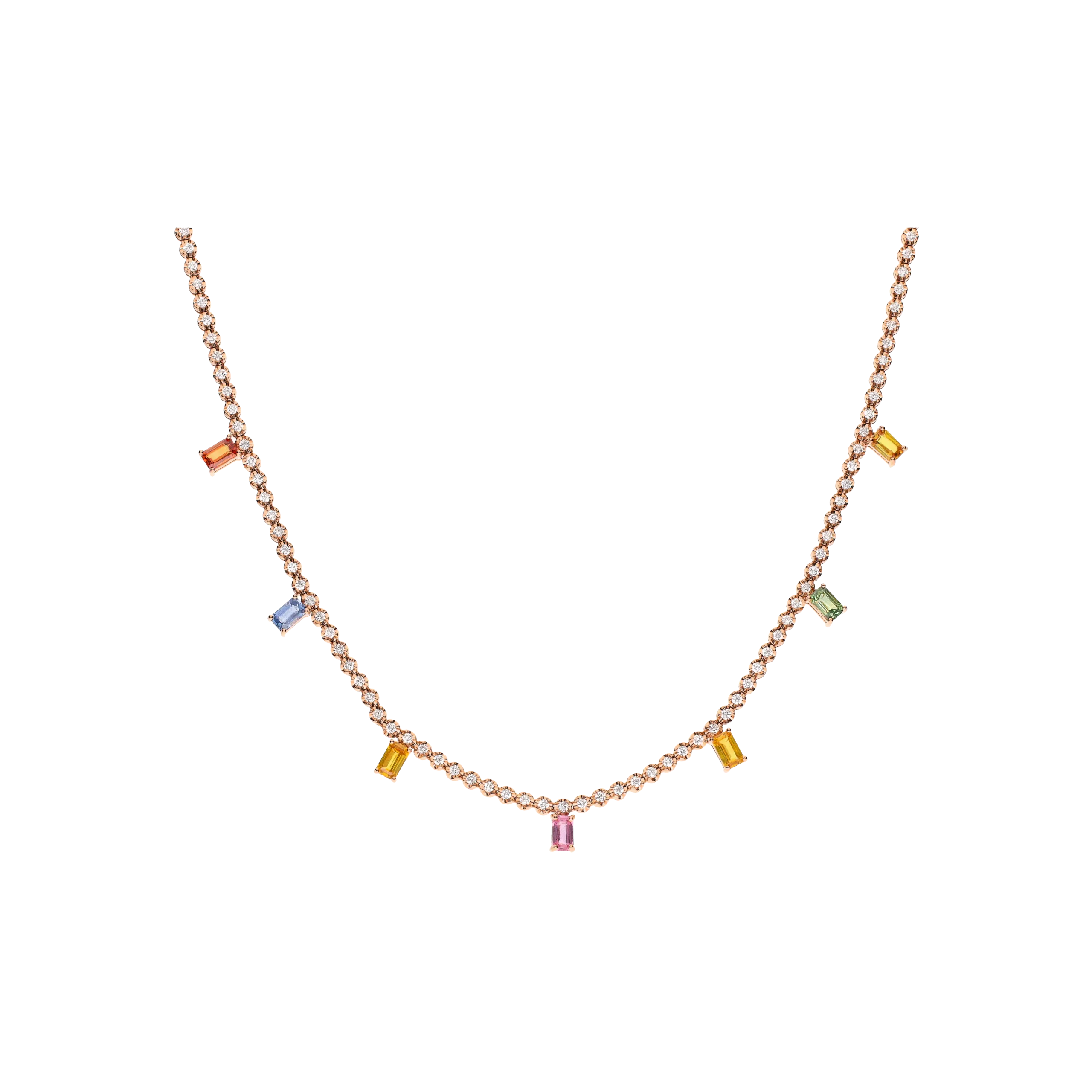 COLLANA TENNIS RAINBOW IN ORO ROSA CON DIAMANTI E ZAFFIRI MULTICOLOR PENDENTI - AN2160/MCS