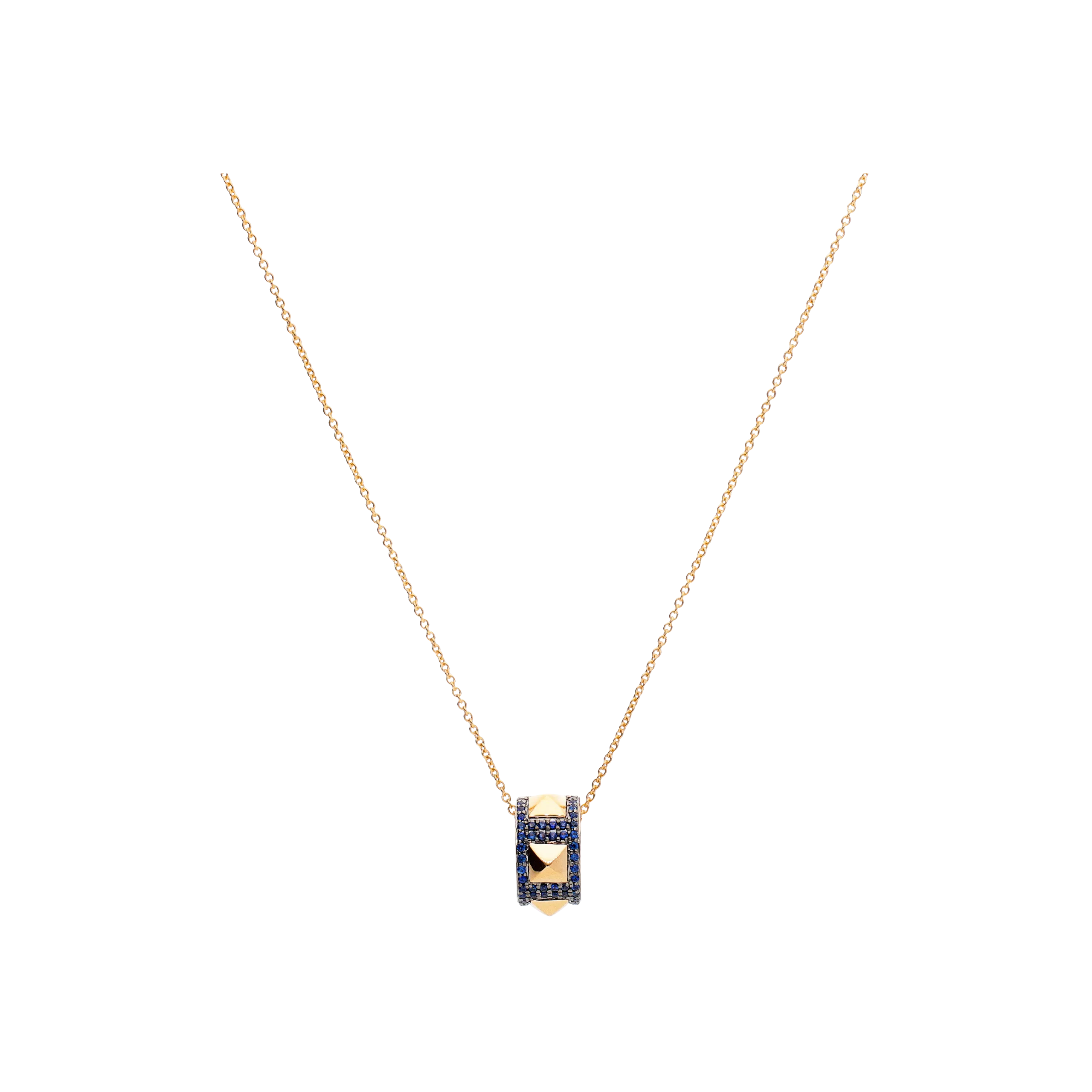 PENDENTE CON CATENA PIRAMIDI IN ORO ROSA E ZAFFIRI BLU - VP29442SBP