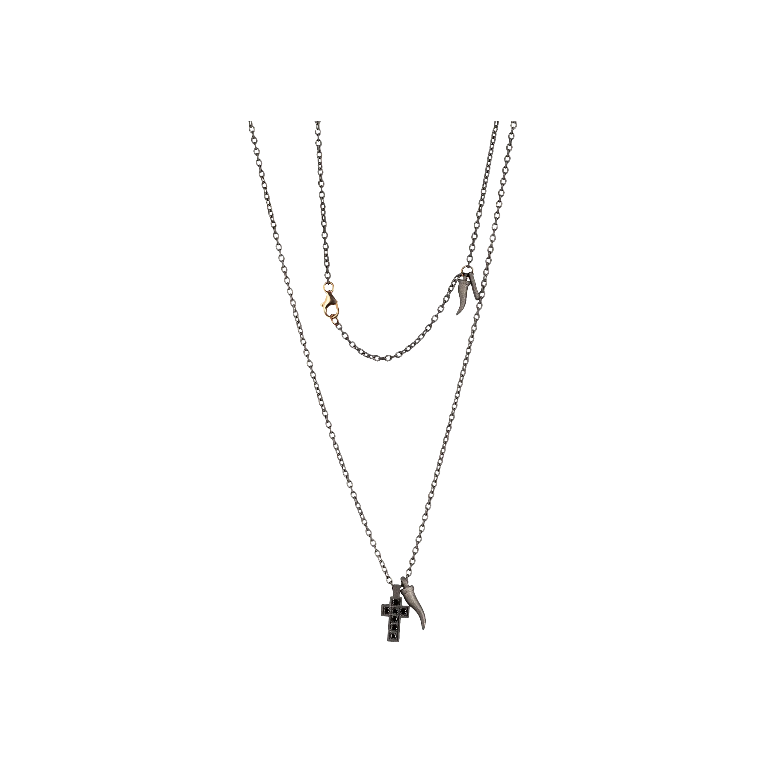 COLLANA DA UOMO MINIMAL IN TITANIO, CORNETTO PENDENTE E UNA CROCE INCASSATA CON DIAMANTI BLACK - CATSMGIRTBCROLH