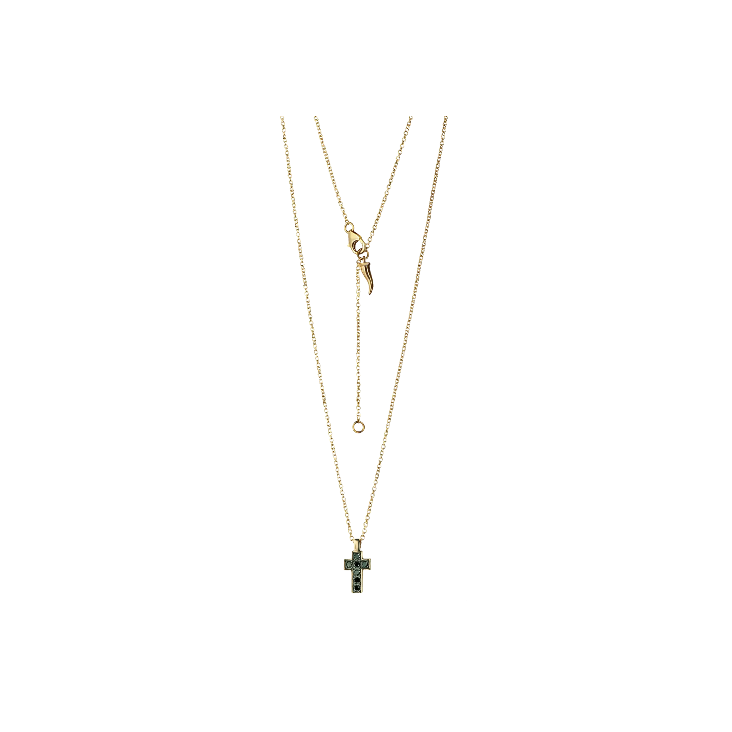 COLLANA MINIMAL IN ORO GIALLO CON CROCE PICCOLA E CORNETTO BIG, E DIAMANTI NERI - MINPEN7BCROGHO9KT