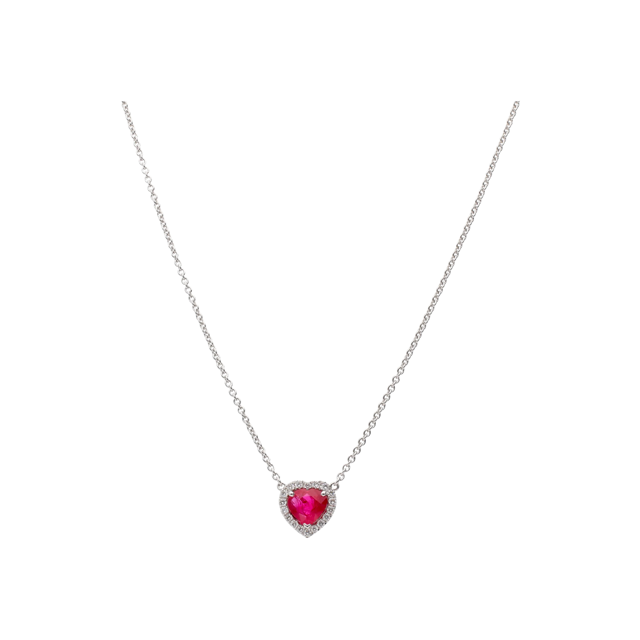 COLLANA IN ORO BIANCO CON CUORE PENDENTE RUBINO E DIAMANTI - 372-3046-C