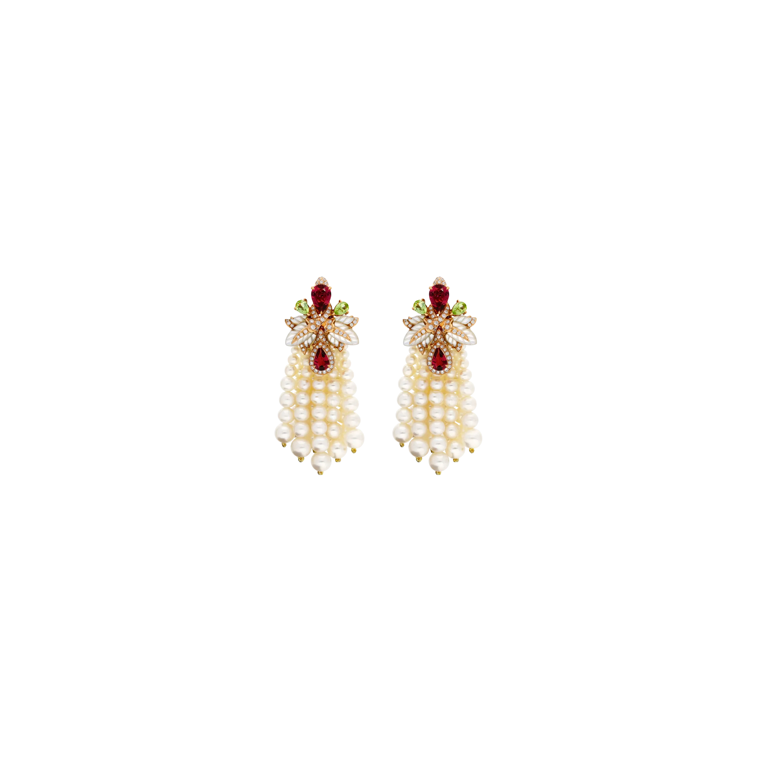 ORECCHINI PENDENTI IN ORO ROSA CON CASCATA DI PERLE, PERIDOTO, TORMALINA ROSA, MADREPERLA E DIAMANTI - QEKG04036DMPPDPTPLP