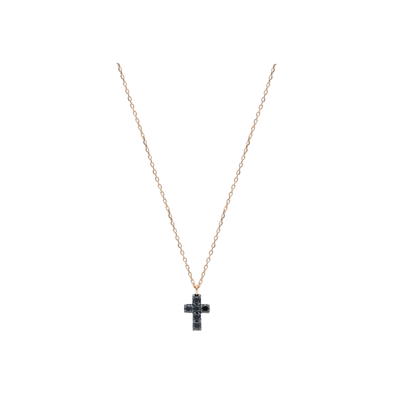 COLLANA IN ORO ROSA CON PENDENTE CROCE E DIAMANTI NERI - 247053