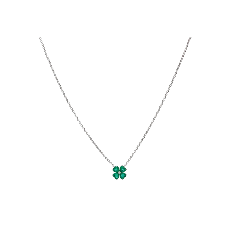 COLLANA GIROCOLLO IN ORO BIANCO CON PENDENTE QUADRIFOGLIO IN SMERALDI E DIAMANTE - 326-6