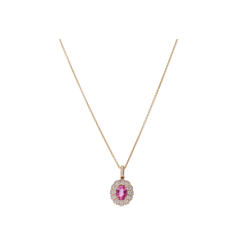 COLLANA GIROCOLLO IN ORO ROSA CON PENDENTE ROSETTA ZAFFIRO ROSA CENTRALE E PAVÉ DI DIAMANTI - 234-5053-C